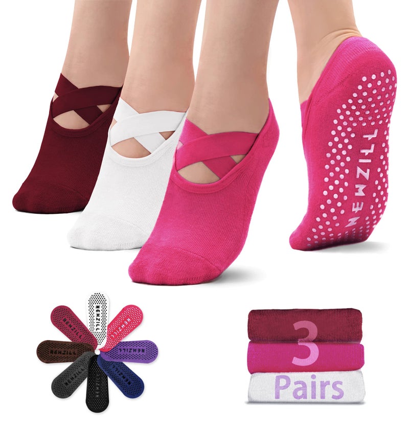 NEWZILL Yoga Socks for Women Non-Slip Grips & Straps, Ideal for Pilates, Pure Barre, Ballet, Dance, Barefoot Workout (3 Pairs-White/Red/Pink) - Image 1